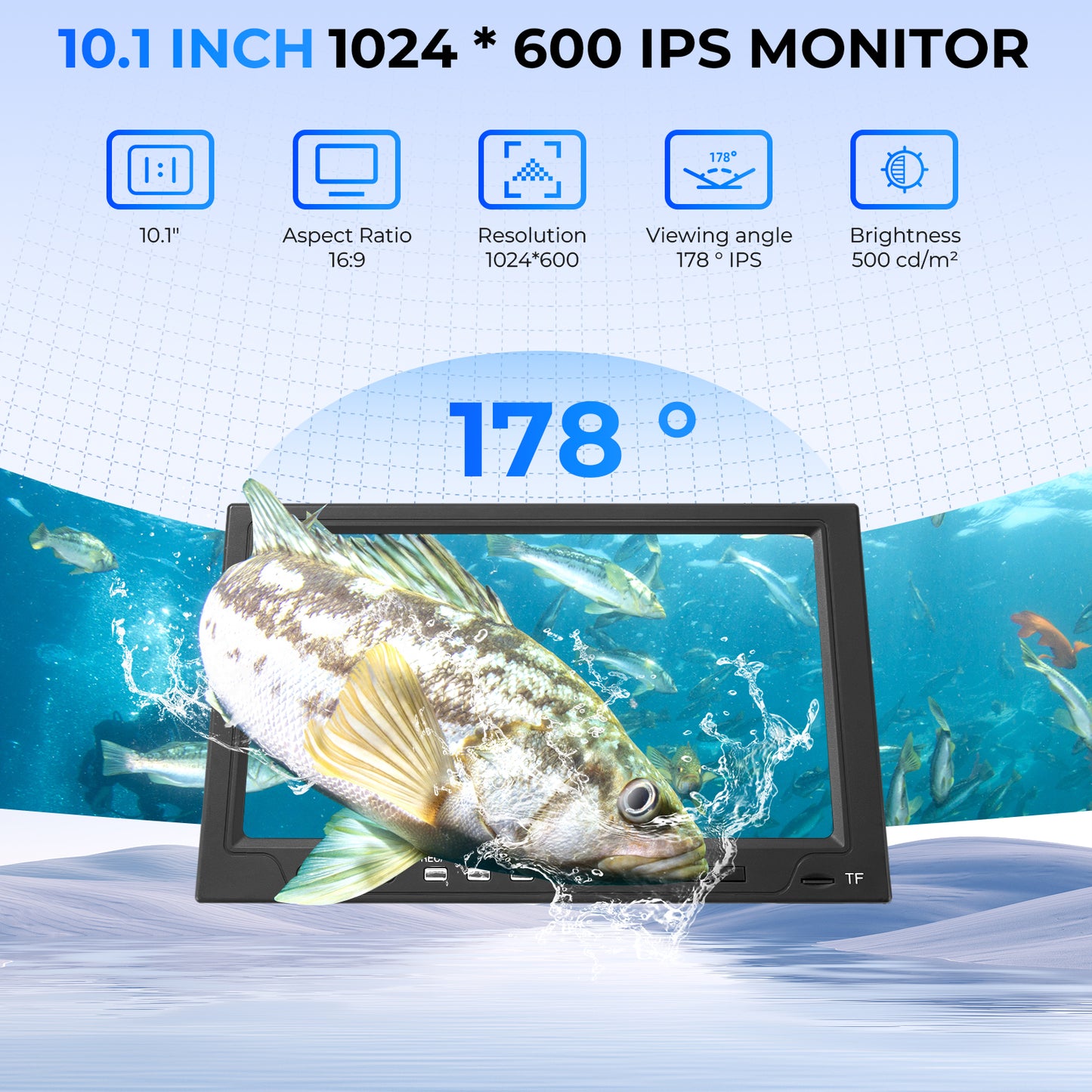 10.1 Inch 720P Underwater Fishing Camera, Ice Fishing Camera DVR Recording, White & IR Lights
