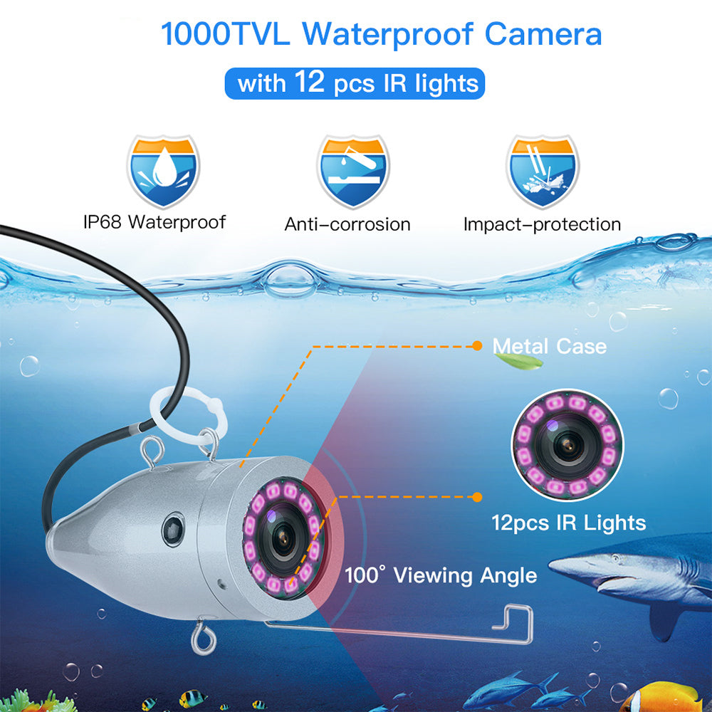 Eyoyo Underwater Fishing Camera 7 inch Color Screen 1000TVL Waterproof IR Camera for Lake Boat Sea Ice Fishing (7" 15m)
