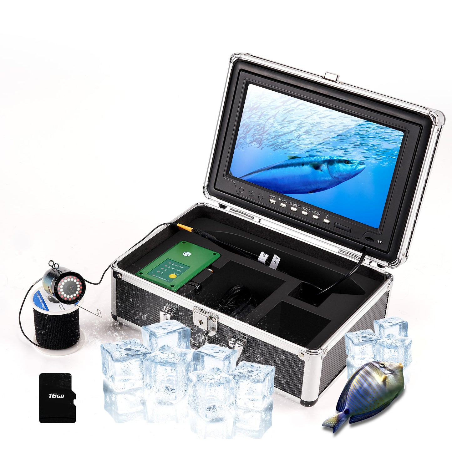10.1 Inch 720P Underwater Fishing Camera, Ice Fishing Camera DVR Recording, White & IR Lights