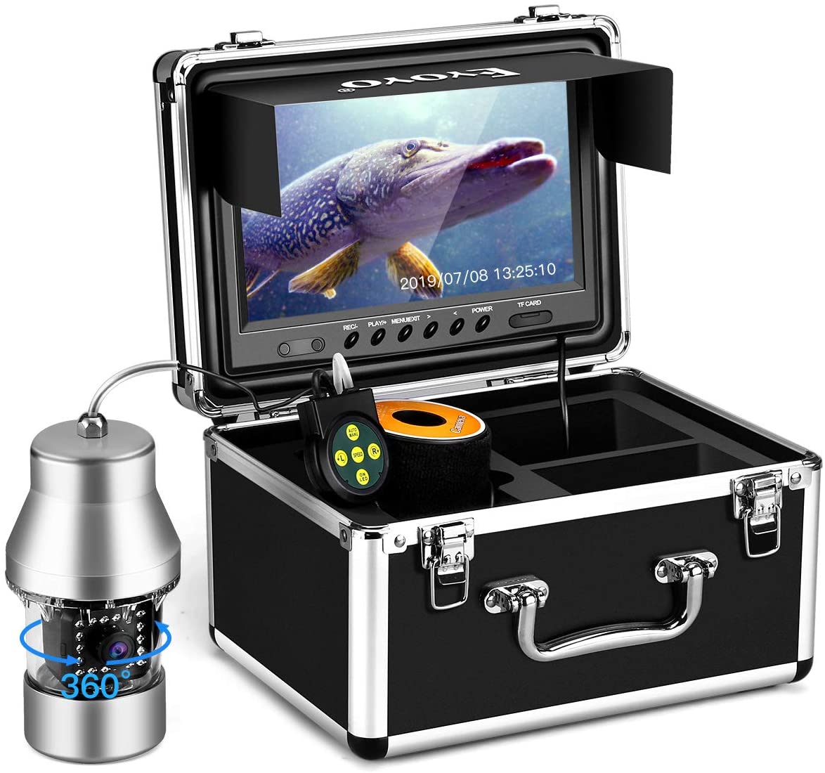 Yellow Portable Underwater Fishing Camera Video Fish Finder DVR Recording with Drop Protection Case 9 HD LCD Monitor 1200tvl Camera 24pcs Infrared