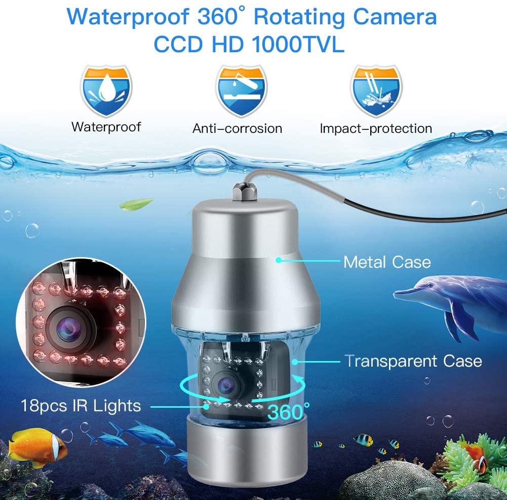 Eyoyo 9 inch Underwater Fishing Camera 360° Horizontal 1000TVL 18 Infrared IR Lights 30M Cable