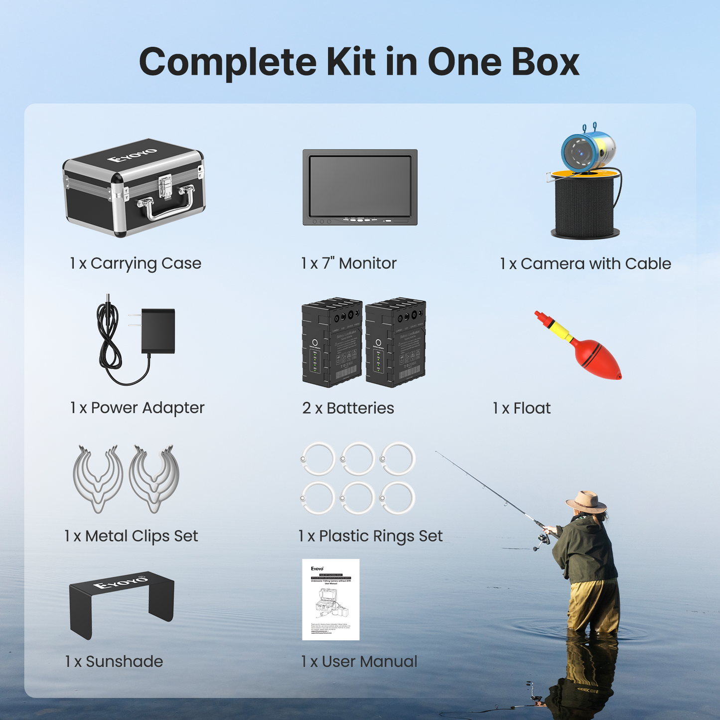 Eyoyo Underwater Fishing Camera 7 Inch: Ice Fishing Camera with 2 Batteries, Portable Fish Finder Waterproof 1000TVL Fishing Camera 12pcs Infrared Lights 15m Cable for Lake, Boat, Ice Fishing