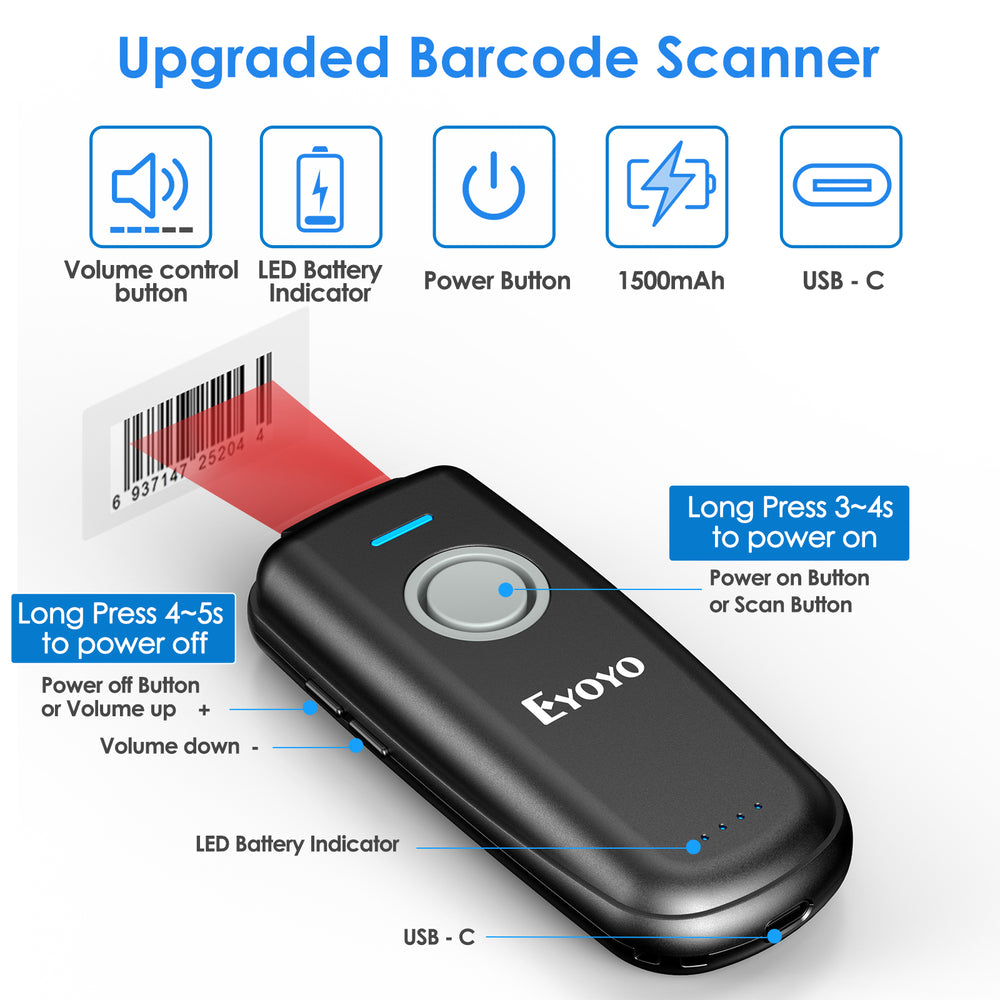 Eyoyo Mini 1D Bluetooth Barcode Scanner Wireless, With Volume Up/Down Button