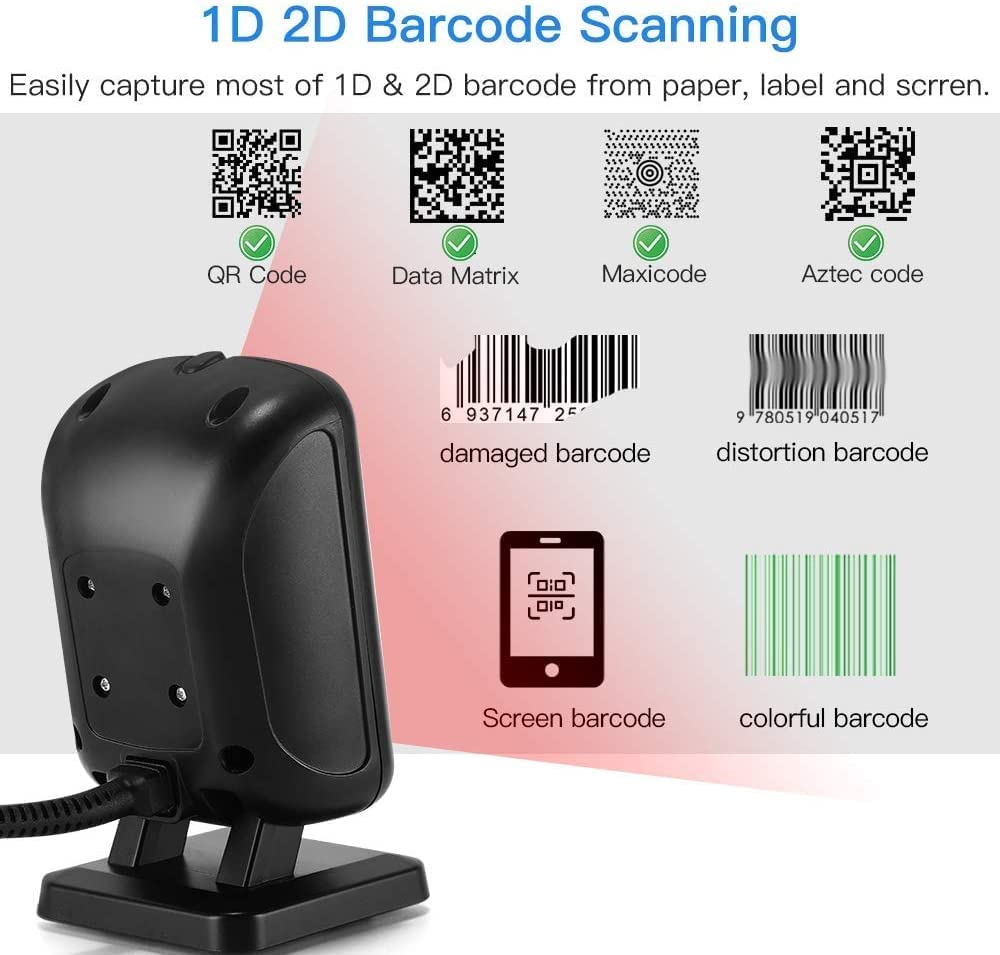 Eyoyo 1D 2D Hands-Free Barcode Scanner, Omnidirectional USB Wired Desktop Barcode Reader 1D 2D PDF417 Data Matrix Bar Code Reader with Automatically Scanning for Retail Store Supermarket Mall Business