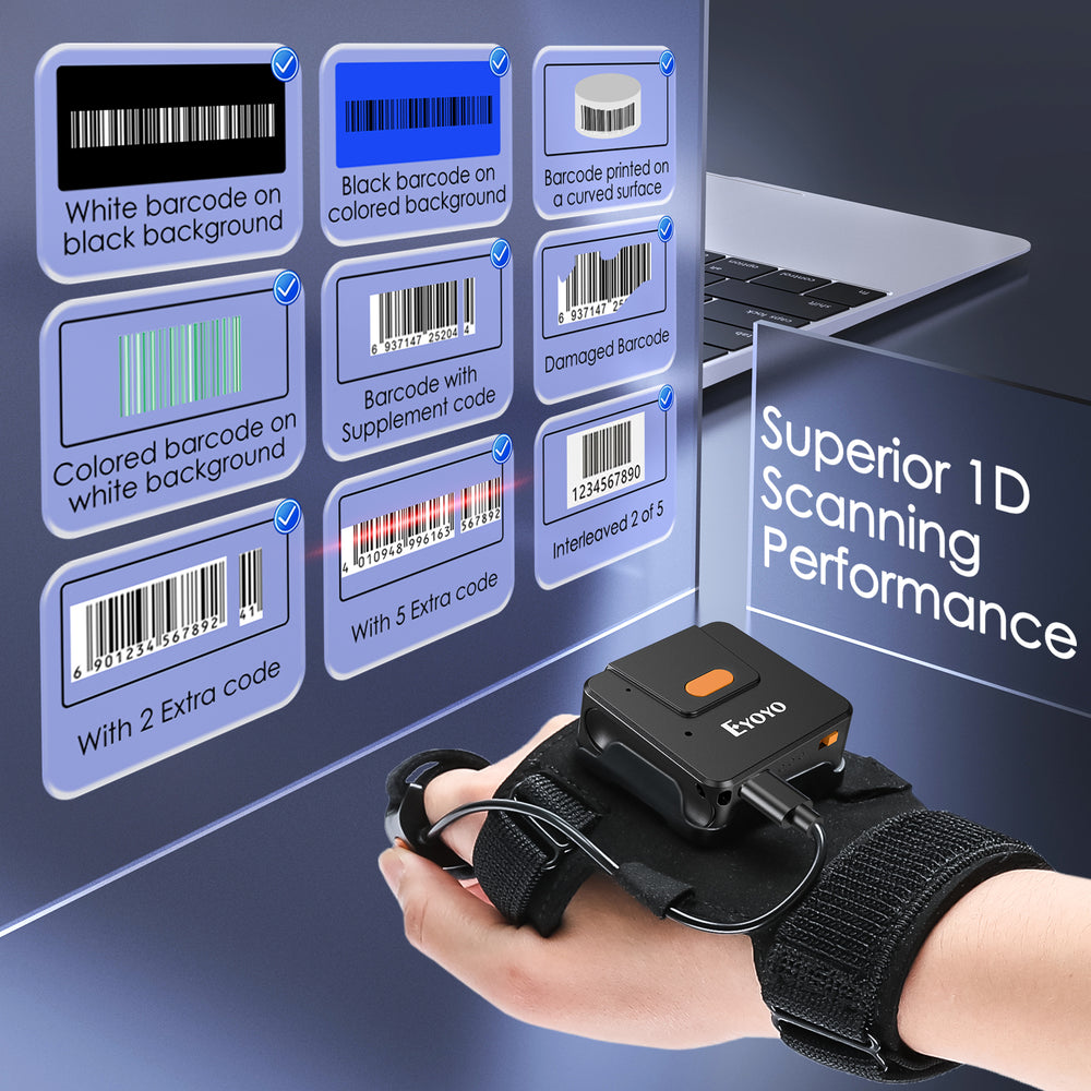 Eyoyo Wearable Glove 1D Bluetooth Barcode Scanner, Left&Right Hand Wearable,1D Finger Trigger Wireless Bar Code Reader Inventory with Retractable Lanyard Compatible with iPhone iPad Android Tablet