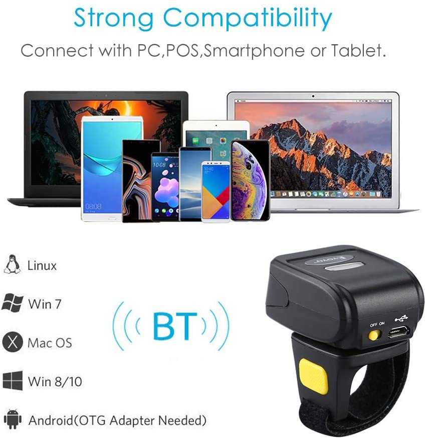 EYOYO R30 1D Ring Bluetooth Laser Barcode Scanner, Compatible with 2.4GHz