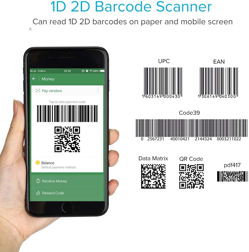 Ring Barcode Scanner 1D 2D QR Wearable Wireless Finger for Windows, Mac OS, Android 4.0+, iOS