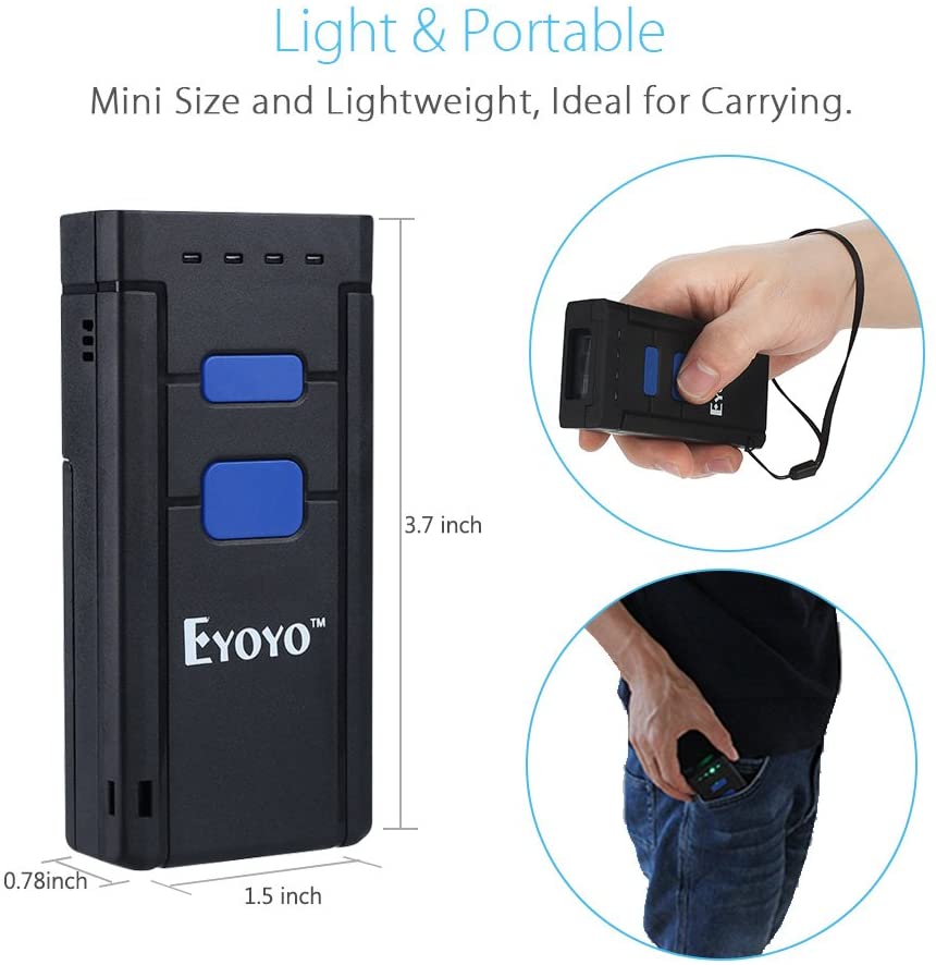 EYOYO 2877 Mini 1D Laser Wireless Barcode Scanner Compatible with Bluetooth Function & 2.4GHz Wireless & Wired Connection