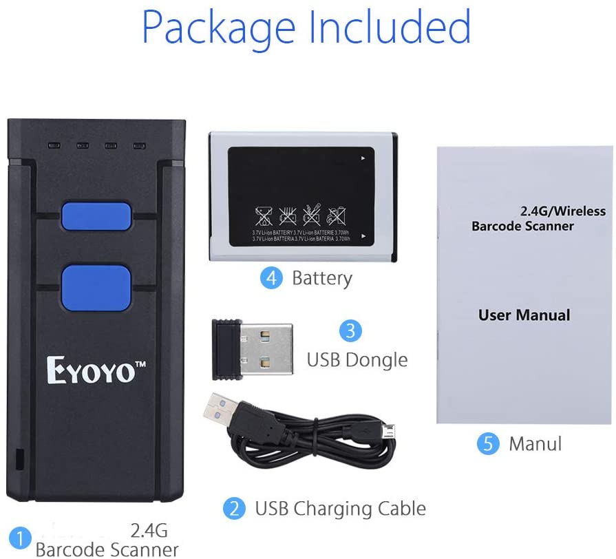 EYOYO 2877 Mini 1D Laser Wireless Barcode Scanner Compatible with Bluetooth Function & 2.4GHz Wireless & Wired Connection