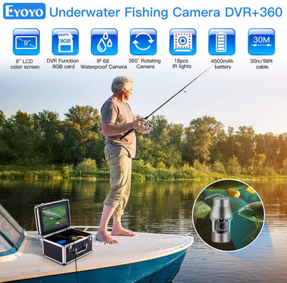 Eyoyo 9 inch Underwater Fishing Camera 360° Horizontal 1000TVL 18 Infrared IR Lights 30M Cable