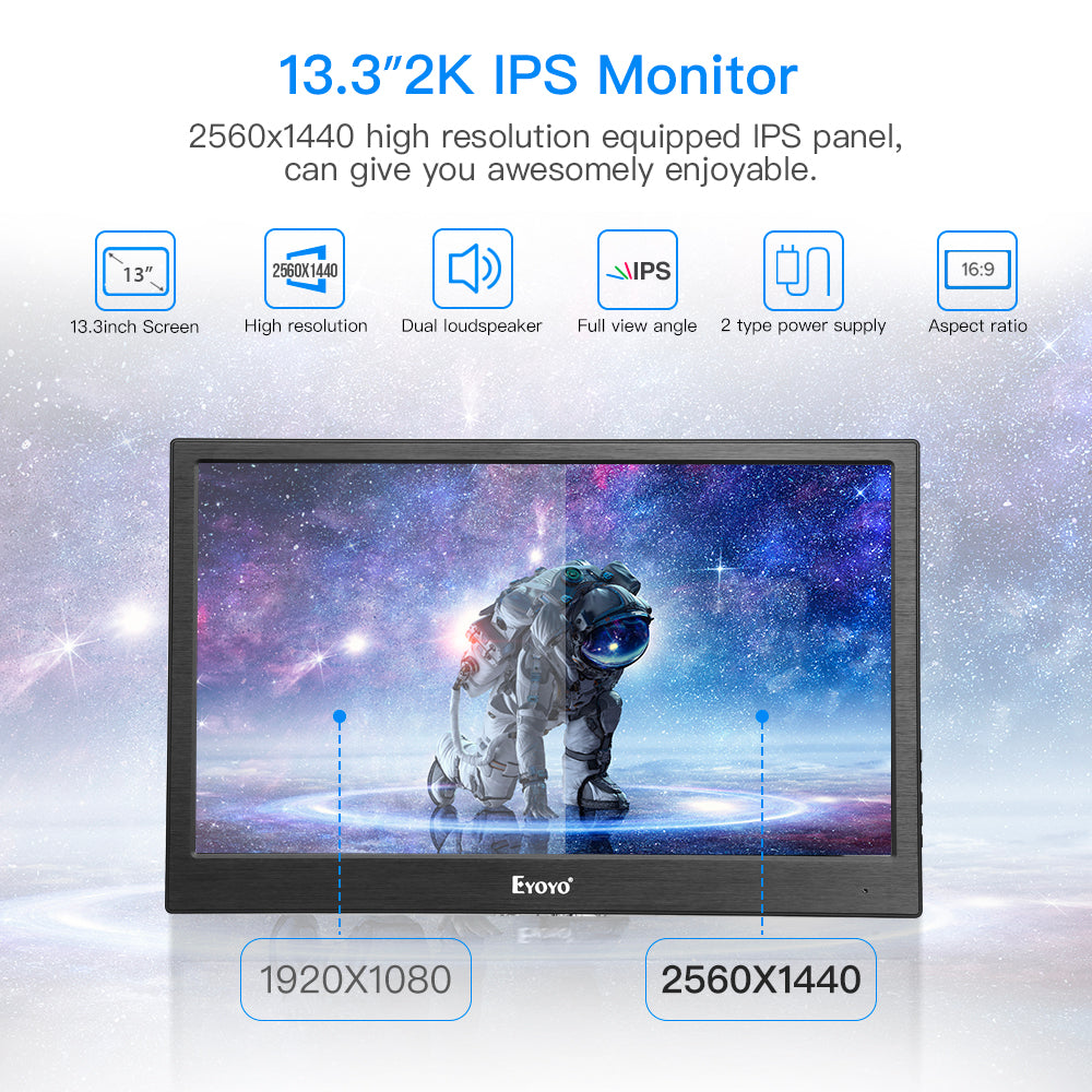 Eyoyo 13" inch Portable HDMI Monitor 2K 2560x1440 IPS Gaming Monitor
