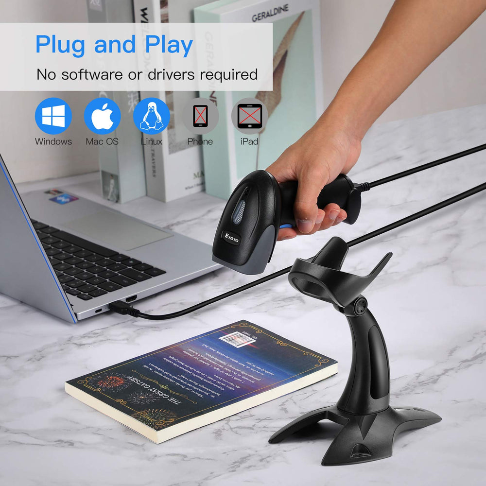 Eyoyo EY-019Y 1D 2D USB Wired Barcode Scanner with Stand, Handheld Scanner for Inventory Management, Portable Bar Code/QR Code Reader Screen Scanning Auto Sensing- Handsfree Scanner